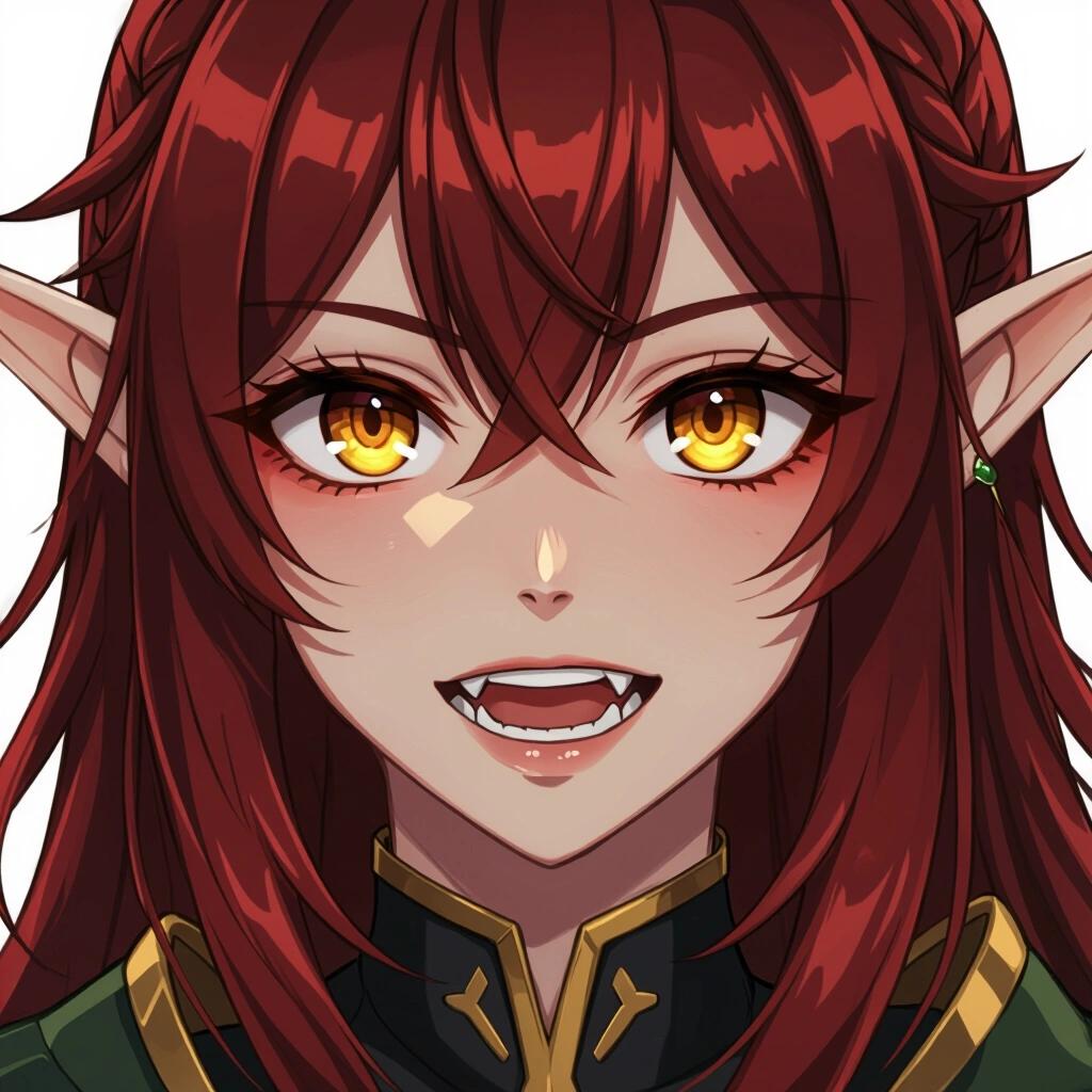 Closeup of an anime style elf. Features include crimson skin, golden eyes, and brown hair with bangs. Elf has slightly open mouth with sharp teeth.