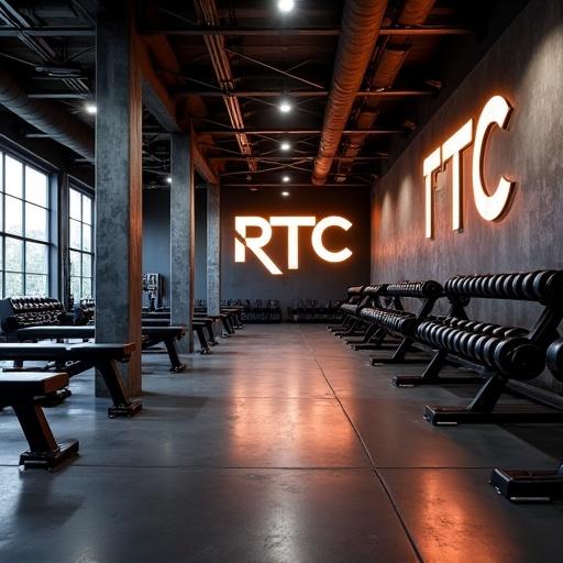 High-end gym interior with industrial design elements Dark color scheme in gray and black Exposed concrete pillars for modern appeal LED strip lighting in geometric ceiling Professional strength training equipment available Well-organized spacious layout Glossy rubber flooring Warm inviting lighting Bold illuminated logo RTC High resolution with cinematic lighting and dramatic perspective
