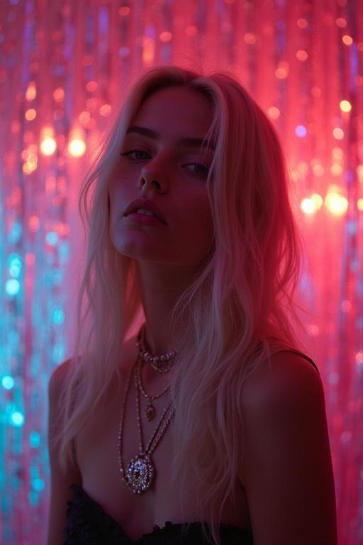 Blonde girl posing in front of a colorful, trippy background with lights. Ethereal vibe with long hair and layered necklaces.