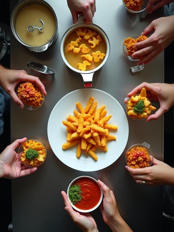 Overhead view of a professional kitchen. Sleek steel counters. Chef's hands frying golden McCain V-Crispers. Hands plating crisps with precision. Hands adding tomato sauce and green chutney. Perfectly plated dish in the center. Bold graphic text: Prep. Fry. Serve. Energetic and culinary-driven atmosphere.