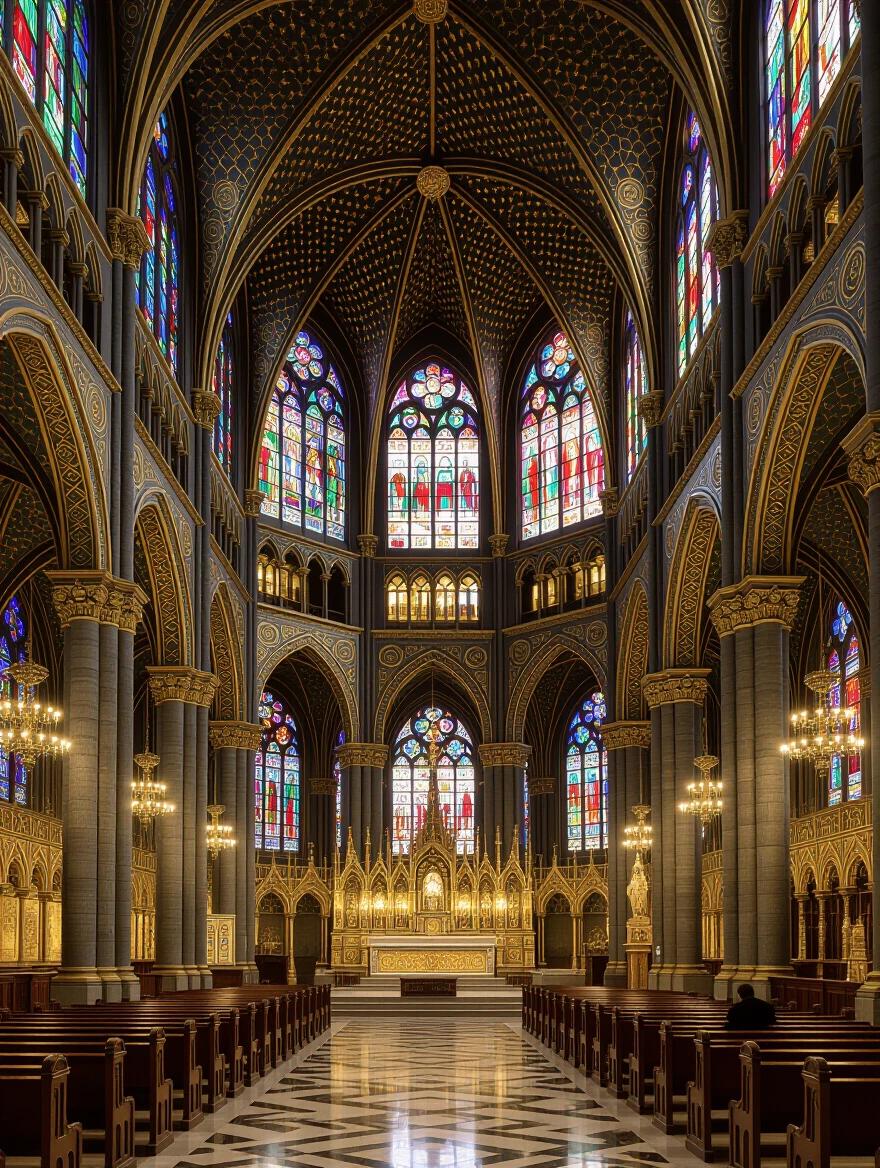 A magnificent Gothic cathedral with an interior depicting a interpretation of Klimt's style. Stained glass windows show geometric patterns in gold emerald and ruby. Stone pillars adorned with spirals and symbolism. The altar has intricate golden mosaics. The atmosphere remains spiritual and majestic with divine lighting and artistic decoration.