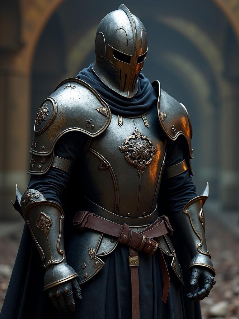 Image of a fantasy knight wearing dark light armor. Armor has intricate detailing and metallic finishes. The knight is posed standing still. Background is somber with muted tones.