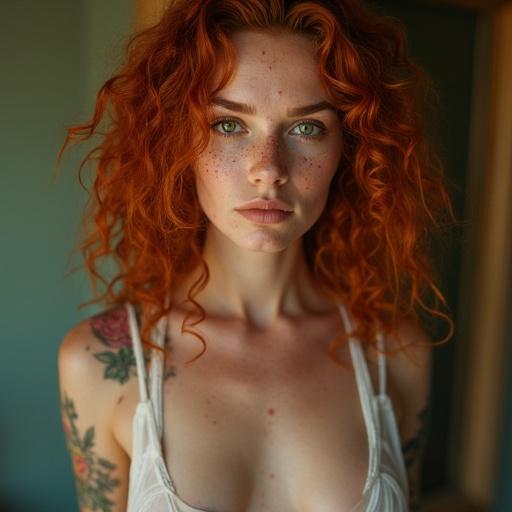 Red hair woman poses in semi-sheer vest. Heart-shaped face features freckles. Captured in mirror selfie. Unique eye color combination. Floral tattoos accentuate skin. Photorealistic quality evident. Cinematic framing showcased with sharp focus.