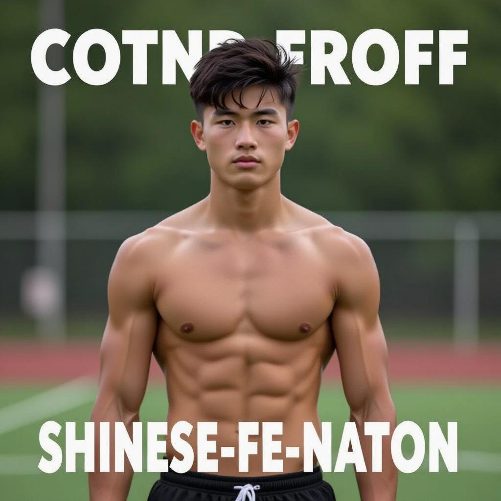 Generate an image of a shirtless teenage football player with Chinese descent. He has short hair and exhibits a muscular physique. The setting is outdoors, showing him in a dynamic and athletic pose, appearing sweaty as if in the middle of a workout.