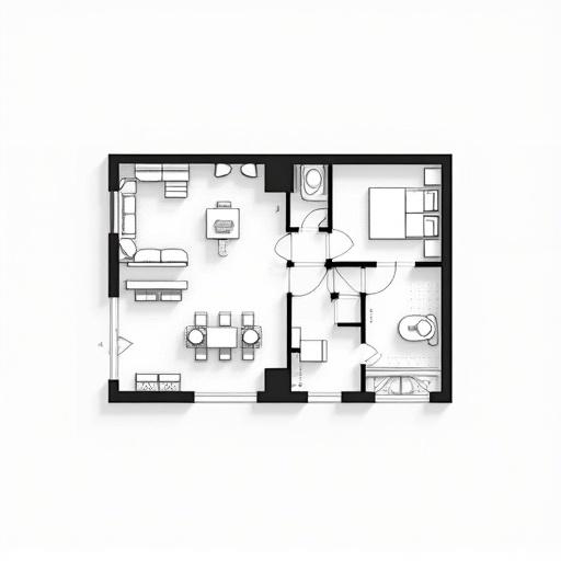 2 bedroom house floor plan in 1000 square feet. Architectural blueprint with a top view. Labeled rooms including living room, kitchen, and 2 bathrooms. Modern compact layout featuring furniture placements. Engineering drawing style with black and white technical lines. Blueprint aesthetics in CAD design with scale 1:100. Highly detailed floor plan showing Indian style layout with minimal wall thickness and north-facing entrance. Clear room dimensions and structural layout. No watermark.
