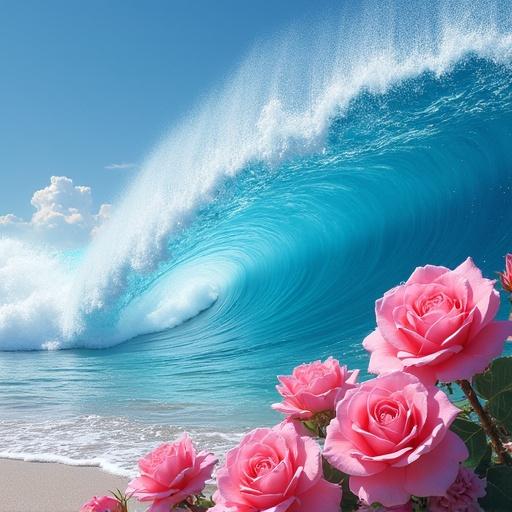 A blue curved beach wave glistening like glass with pink roses scattered on it