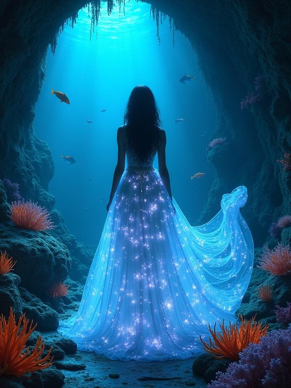 A serene princess stands in a glowing underwater scene. A flowing bioluminescent dress cascades around her. Coral formations and colorful marine life surround her. A magical, tranquil atmosphere is created by soft light filtering through the water.