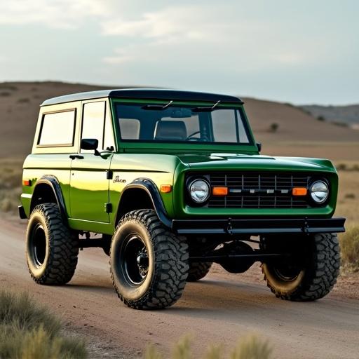 A classic green Ford Bronco parked on a dirt road surrounded by nature. The vehicle is positioned to showcase its front and side profile. The setting is a scenic landscape reflecting an outdoor adventurous lifestyle.