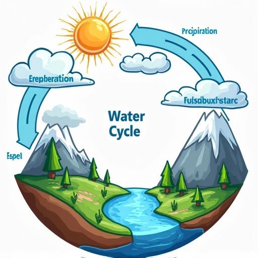 Colorful educational diagram illustrating the water cycle. Label arrows indicating evaporation condensation and precipitation. Include sun clouds mountains and river. Designed for elementary students.