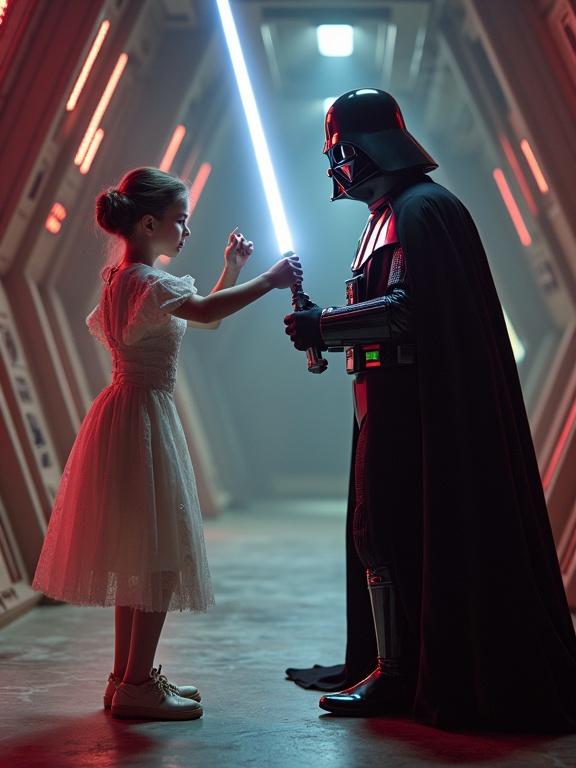 A little girl dressed as Princess Leia faces Darth Vader in a confrontational stance. She holds a lightsaber up in an action pose. The setting is a futuristic room with soft natural lighting. Future design influences are evident in the dress worn by the girl.