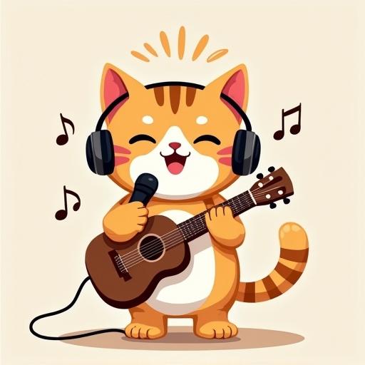 A cartoon-style kitty with headphones and a microphone. The kitty strums a small guitar. It has a joyful expression with closed eyes. Music notes float around its head. The tail forms a treble clef. The kitty stands on a small stage with spotlight effect.