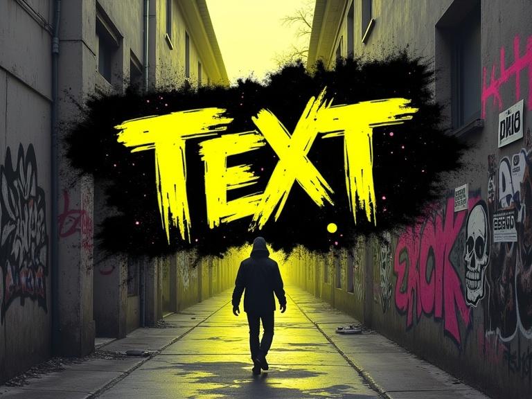 A hyper-realistic promotional poster illustrating an urban alleyway at dusk. Alleyway covered in graffiti. Silhouette of a hooded figure walking away. Neon yellow highlights against gray tones. Bold yellow 'TEXT' in the foreground over a black splotch. Urban decay atmosphere.