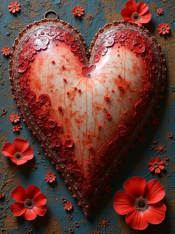 3D heart artwork with intricate details and floral elements. Whimsical and romantic theme. Encaustic mixed media style.