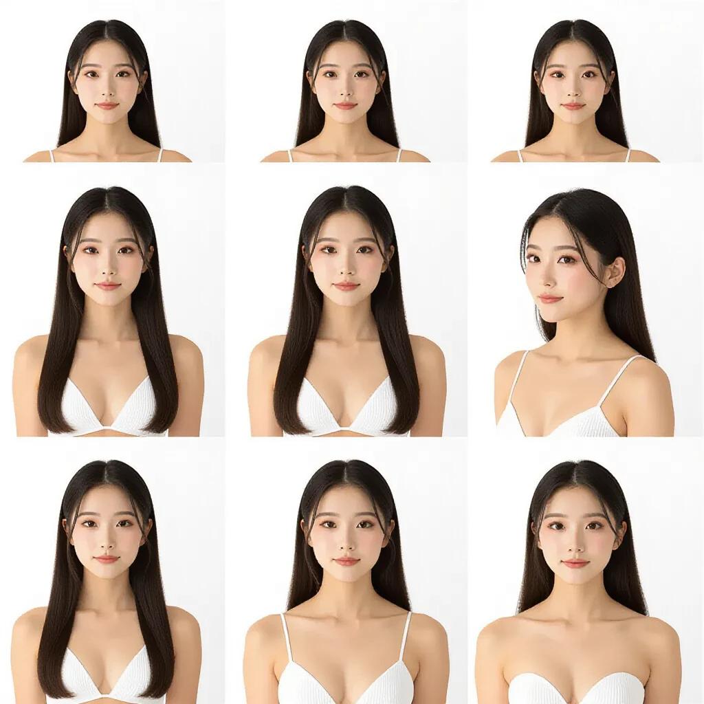 Portraits of a young Japanese woman with long straight black hair and porcelain skin. Images display variations in poses, expressions, and angles. All portray youthful beauty and elegance.