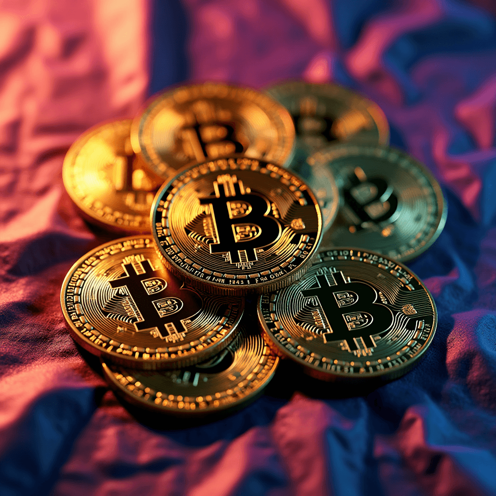 A pile of Bitcoin coins on a textured surface, illuminated in warm and cool lighting tones.