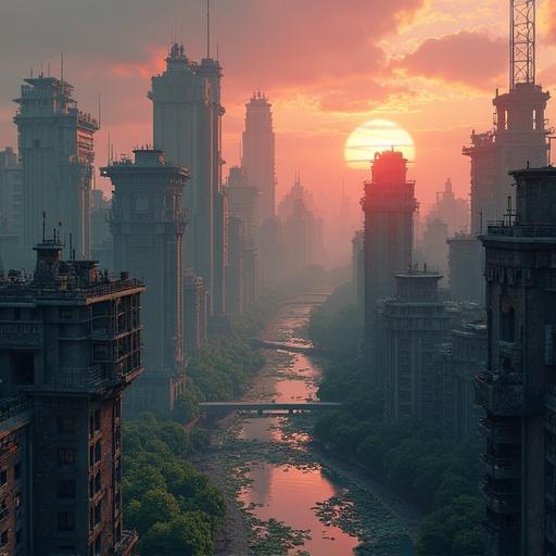 Depiction of a post apocalyptic city resembling Minecraft designs. Urban landscape with a sunset backdrop. Towering structures made of stone and metal. Hazy atmosphere with lush greenery along the waterway. A sense of desolation with a hint of beauty.