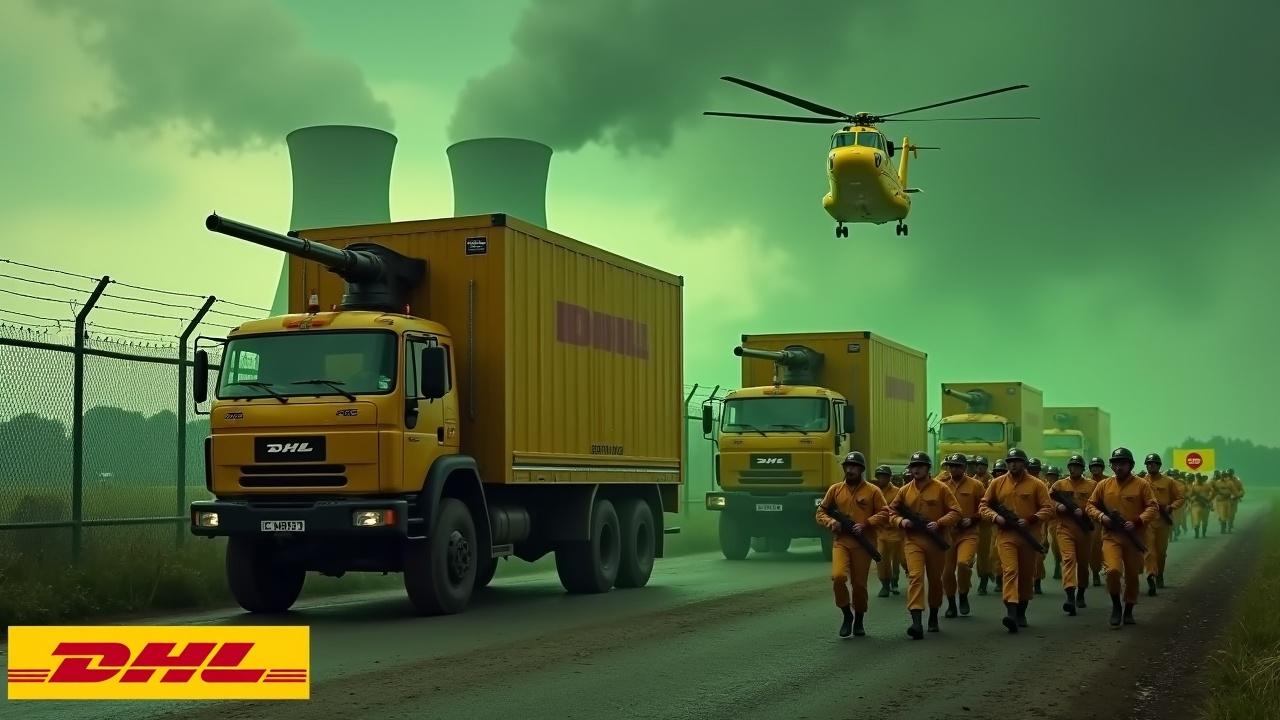 In a dramatic scene, several large yellow delivery trucks equipped with cannons drive up to a fence. The sides of the delivery trucks show the DHL logo. Nearby, several soldiers wearing yellow uniforms and holding rifles are seen marching together in unison. One soldier is holding a flag with the DHL logo. In the background, we can see the prominent smokestacks of a nuclear power plant, glowing green. The sky is awash with an evil green glow, and a large yellow Chinook CH-47 cargo helicopter flies above, adding to the intensity of the scene. At the bottom, we see the DHL logo, displayed in bold, yellow text.