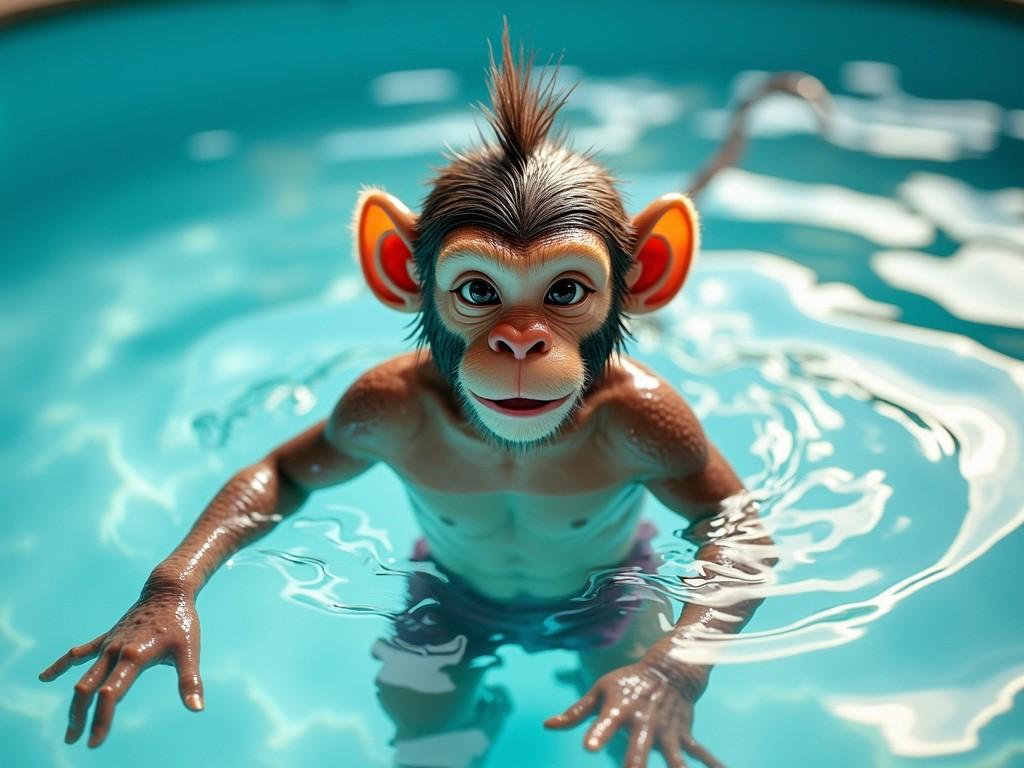 A digitally rendered image of a playful, animated monkey standing in a swimming pool, with vibrant water reflecting around it. The monkey has exaggerated features, including big expressive eyes and prominent ears, adding to its cartoonish charm. The image captures a whimsical and joyful moment, enhanced by the bright lighting that highlights the monkey's wet fur and the gentle ripples in the water.