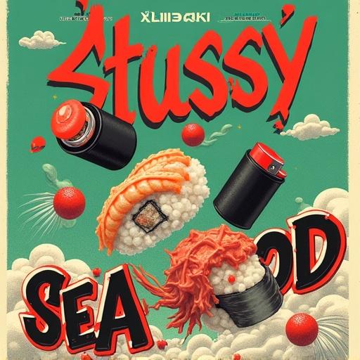 Stylized surreal poster design with bold contrasts. Limited color palette includes black, white, green, red, and pastel tones. Integrate abstract geometry and distorted typography. Include floating objects and playful metaphors like sushi with lighters. Halftone shading and grainy textures. Retro-futuristic design details mixed with clean vector illustrations. Layout resembles magazine cover with centered and asymmetric composition. Combine English and foreign scripts in a design-forward way. Use negative space and playful visual rhythm.