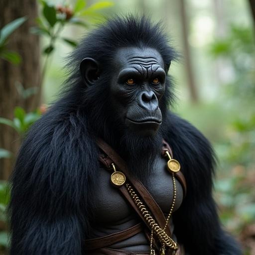Character inspired by Sun Wukong with a muscular build in a forested setting. This character has dark fur, golden eyes, and wears a strap with circular emblems.