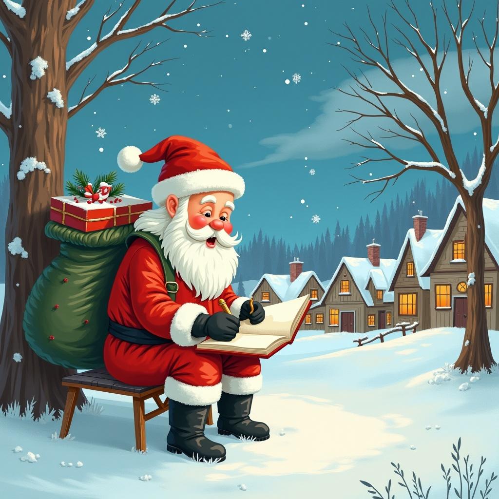 This illustration depicts Santa Claus sitting in a snowy village. He is dressed in traditional red and white attire, joyfully writing ‘Lilliana’ in the sky. A large sack filled with gifts rests beside him, and a beautifully wrapped present is perched on top. The scene is serene, with snow gently falling around, highlighting the cozy village in the background. The houses are warmly lit, creating a magical holiday atmosphere. This image captures the spirit of Christmas and the joy of giving.