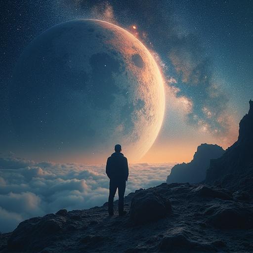 A man stands on rocky terrain looking at a large moon and stars in the vast space above. Soft clouds are below him, creating a dream-like atmosphere.