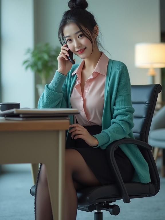 Late-20s Korean female secretary sitting at her desk. Answering phone call. Blush-pink blouse and black knee-length skirt. Teal cardigan with dark-brown pantyhose and black pumps. Neatly bunned black hair. Light makeup and determined smile. Office desk with laptop and dossiers. Vivid office lighting.