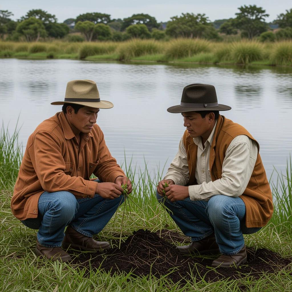 Two men crouch on the ground next to a lake. They examine plants in the grass. Green landscape surrounds them. The atmosphere appears calm and serene. A cloudy sky provides even light. Traditional farming attire is worn. The scene reflects rural life and connection to nature.