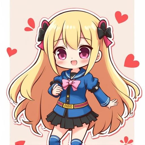 Anime-style character with long blonde hair. Character wears a blue outfit with a skirt. Features a happy expression. Surrounded by heart shapes.
