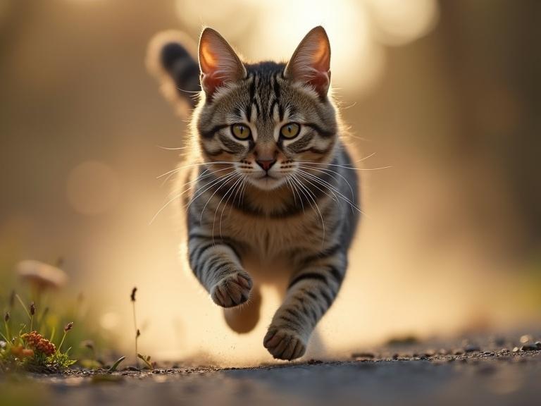 A cat is running rapidly along a path in a blurred outdoor setting. The cat has distinctive stripes and bright eyes, with sunlight creating a warm glow in the background.
