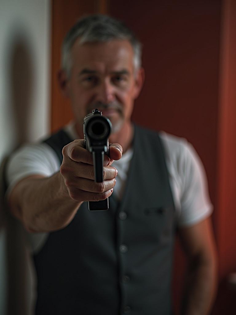 A man is positioned with a gun extended forward. He is wearing a vest with a T-shirt underneath. The background is softly blurred. A warm light creates a dramatic effect.