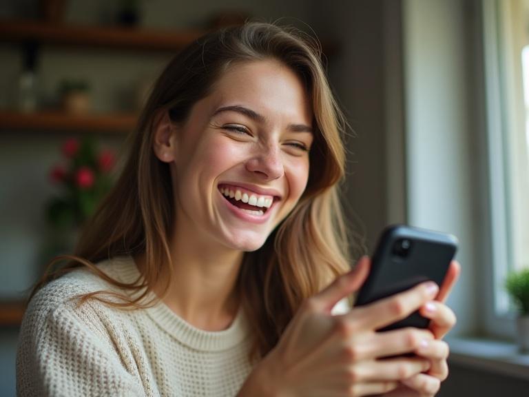 Young woman laughs during a video call. Warm and inviting atmosphere. Natural light illuminates the scene. Soft film grain effect enhances realism. Cozy indoor setting with plants in the background.