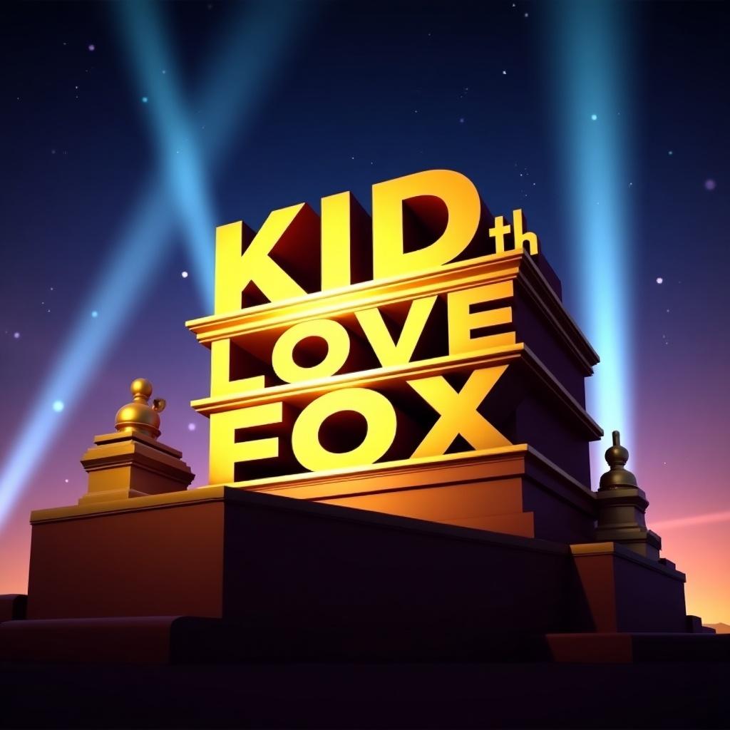 Image features a prominent logo resembling a film company. Text creatively altered to 'KID th LOVE FOX'. Set against a dramatic colorful background. Bright beams of light radiate from the logo. The logo is associated with film and media production.