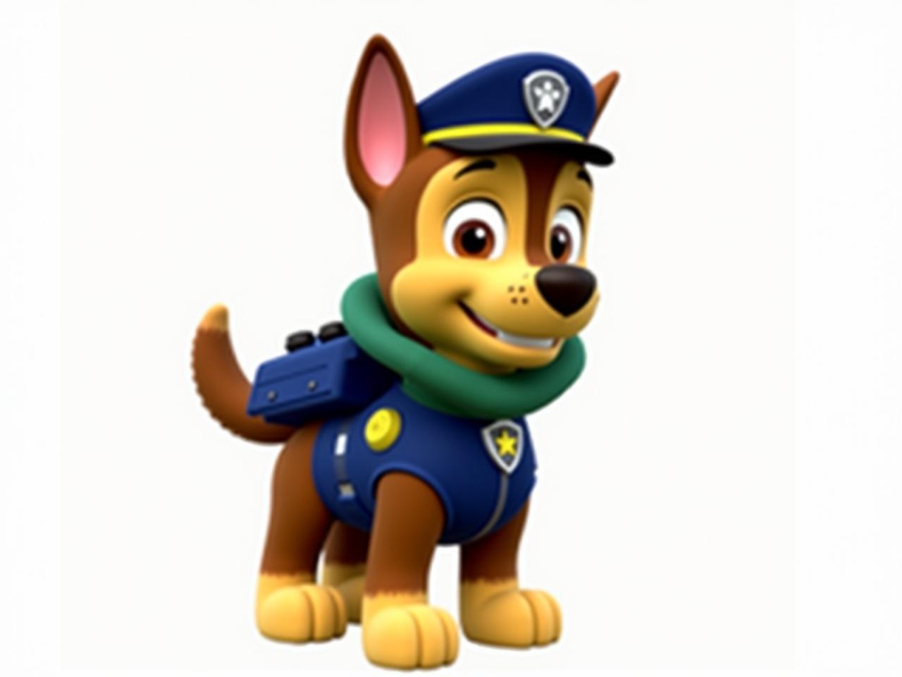 The image features a cartoon dog character dressed as a police officer. The dog has a brown and tan coat, large expressive eyes, and is wearing a blue and yellow police uniform with a cap. The uniform has a badge and is styled to look official. The dog appears to have a green mask covering the mouth area. The background is transparent, focusing solely on the character's details and expression. This character is often associated with a children's animated series.