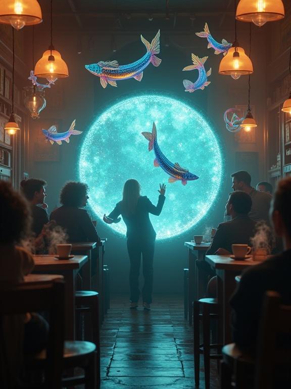 A cozy coffee shop is filled with patrons. An iridescent portal appears mid-air. Bioluminescent alien fish swim gracefully out. Fish have glowing scales in electric blue, vibrant green, and deep purple. Patrons react in awe, some reaching out, others taking photos. Ethereal light from fish creates dynamic highlights. Steam rises from coffee cups reflecting alien light. Medium shot captures the blend of mundane and magical atmosphere.