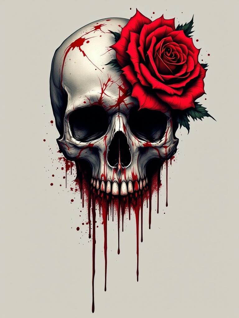 Detailed tattoo design featuring a skull adorned with vibrant red roses and dripping blood. The skull is realistic with intricate shading. Roses surround the skull, enhancing the dramatic effect. Blood drips from the skull, creating a striking image.