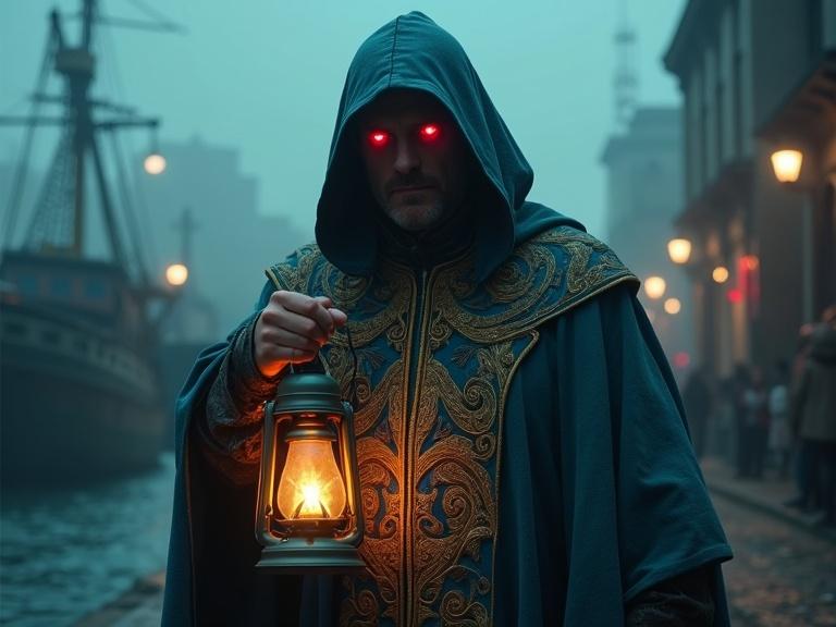 A malevolent bishop of the Church of Storms stands in a foggy Victorian-inspired port city at night. He wears a luxurious mantle with ocean and wave patterns embroidered in gold. His hood shadows his face, revealing glowing red eyes. He holds a lantern, the only light in the scene. Tentacles emerge from his sleeve. The background shows industrial smog and crumbling buildings. The atmosphere evokes horror and fear.