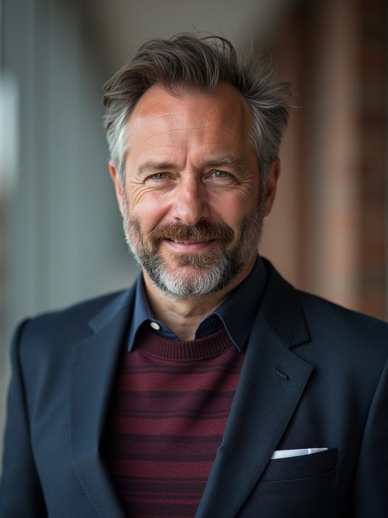 A headshot of a 45-year-old man from London. He is dressed in a formal outfit with a navy blazer over a burgundy sweater. The background is blurred with a warm atmosphere.