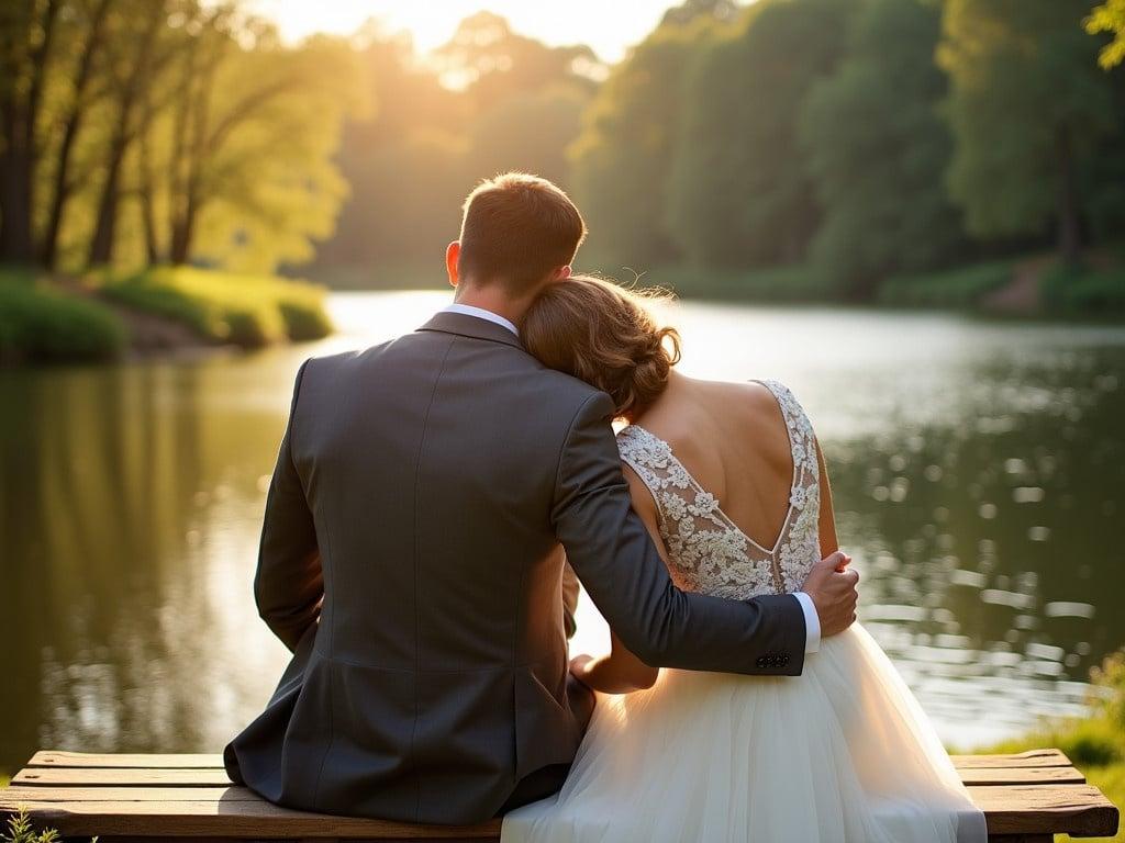 A romantic scene depicts a newlywed couple sitting together on a wooden bench by a tranquil lake. The sun casts a warm glow on their backs, highlighting their intimate moment while surrounded by lush greenery. The bride's beautiful white dress cascades down the bench, creating a picturesque contrast against the natural setting. Her head rests gently on the groom's shoulder, showcasing their deep connection. The background features a soft blur of trees and water, enhancing the serene atmosphere.