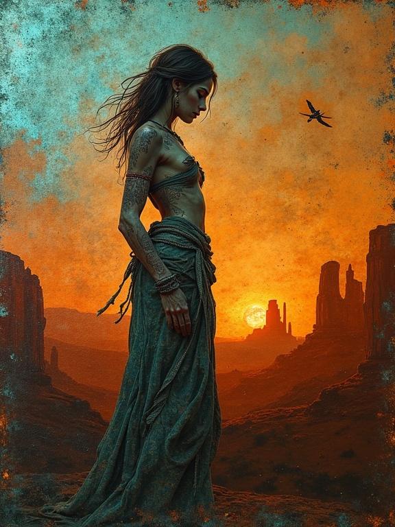 A copper sheet with a patina gradient from teal to orange. A figure is revealed with scar tattoos filled with rust pigment and iridescent crystals. She stands on a mesa at dusk, tracing a scar. The background has a crackle effect and silhouette mesas.