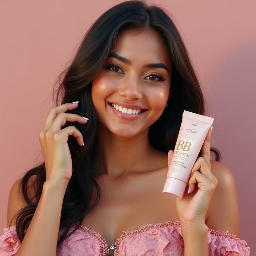Modern Indian girl smiling and holding BB cream tube. Wearing stunning pink floral dress. Long straight hair styled backwards. Fresh and glowing makeup. Minimal soft outdoor background.