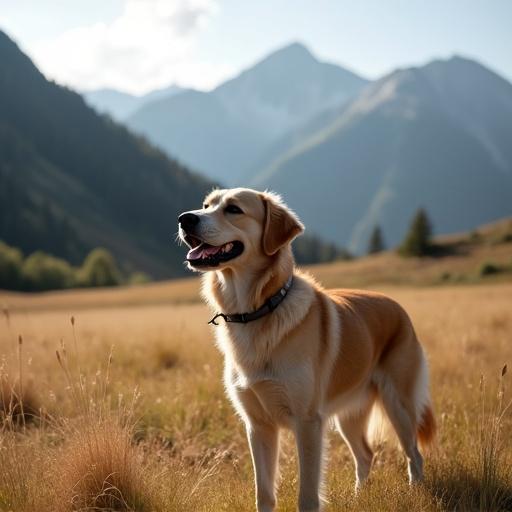 Dog standing in a field near mountains under a clear sky. The dog has a joyful expression and is in a natural setting.