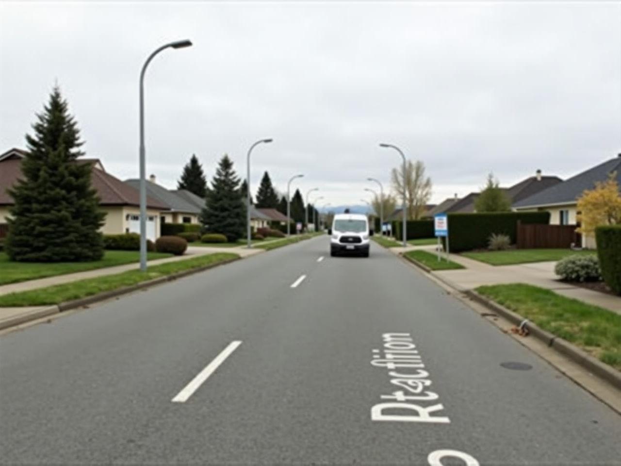 This image shows a quiet suburban street with residential houses along the side. The houses appear to be single-story and have neatly trimmed yards with greenery. On the right side of the road, there is a vehicle driving away, while the road is marked with a white line indicating the name 'Station Rd'. The sky is overcast, giving a slightly gray atmosphere to the scene. Street lights are visible along the road, and there are some signs further down the street.