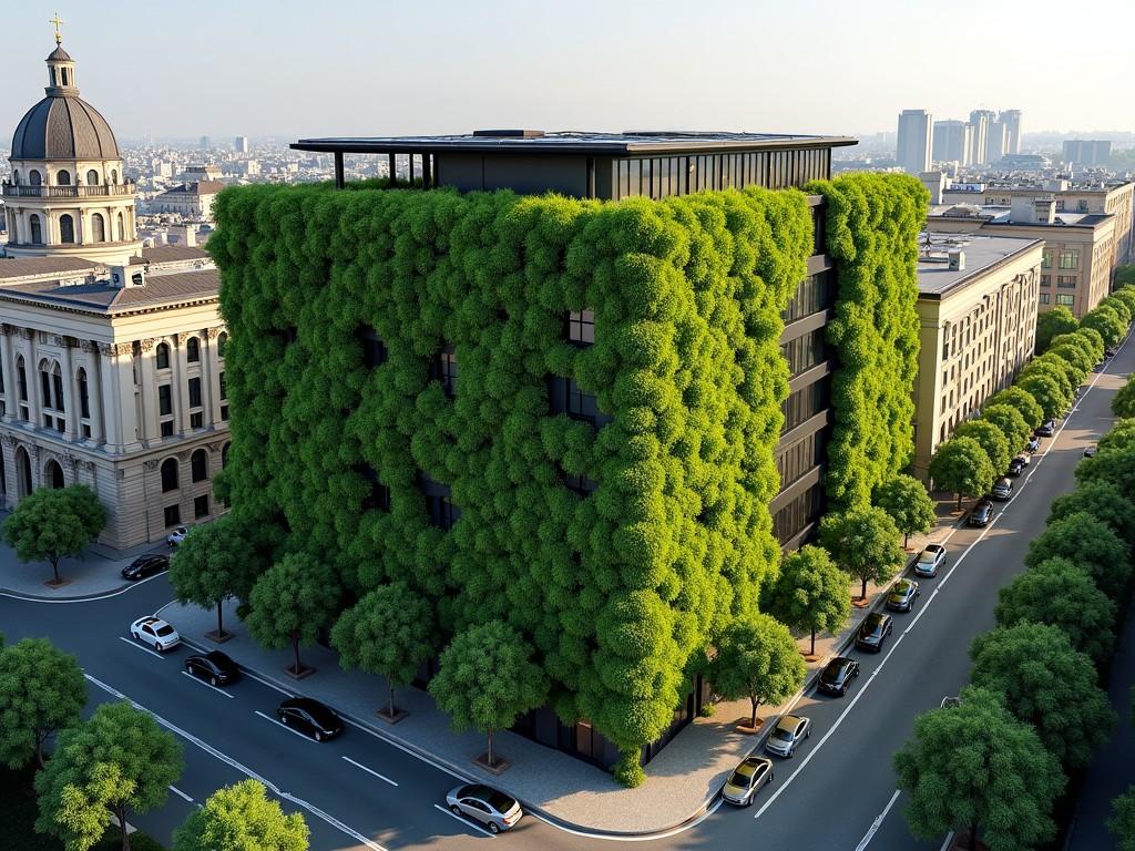 This image shows an aerial view of a modern building with a large, lush green vertical garden covering its walls. Next to it is a historic building with a dome, creating a contrast between modern and classical architecture. Both structures are surrounded by trees, and several cars line the street beside them. The modern building has solar panels on its roof, indicating an environmentally friendly design. The area appears to be an urban setting with other buildings visible in the background.