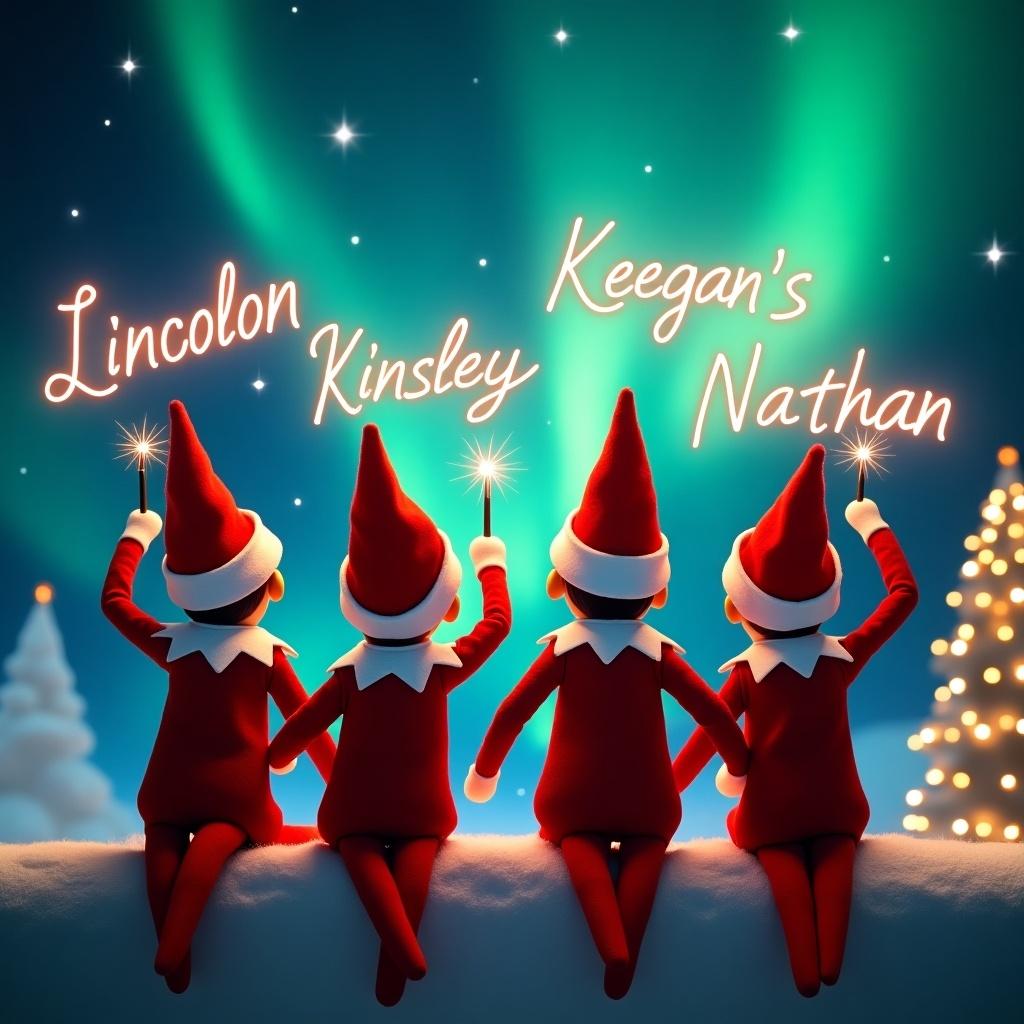 An enchanting Christmas scene featuring 4 elf on the shelves dressed in red and white. They face the sky with their backs to the viewer, holding magic wands. Each elf writes a name in glowing script: Lincoln, Kinsley, Keegan, Nathan. The backdrop includes vibrant northern lights and a festive atmosphere. The elves' positions convey wonder and excitement, capturing holiday joy.