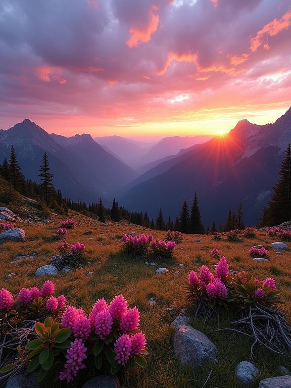 A stunning mountainous landscape at sunset or sunrise. A vibrant meadow filled with clusters of pink rhododendron flowers. Medium-sized flowers with bell-shaped blooms in dense patches. The terrain slopes upward with lush green grass and rocky outcrops. Rugged mountains with dark green forests below. Mountains fade into lighter blue and purple hues. A dramatic sky transitioning from purple and pink to orange and yellow. Scattered clouds reflecting light beautifully. A serene and majestic scene with natural harmony.