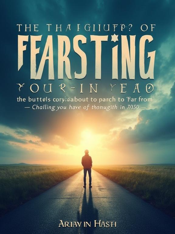 Cover design featuring bold title Fear-Busting Blueprint in modern typography. A person stands at a crossroads with sunlight shining through stormy clouds. Imagery symbolizes overcoming fear and embracing opportunities. Background has a gradient of deep blues and warm oranges. Minimalist icons represent growth and progress.
