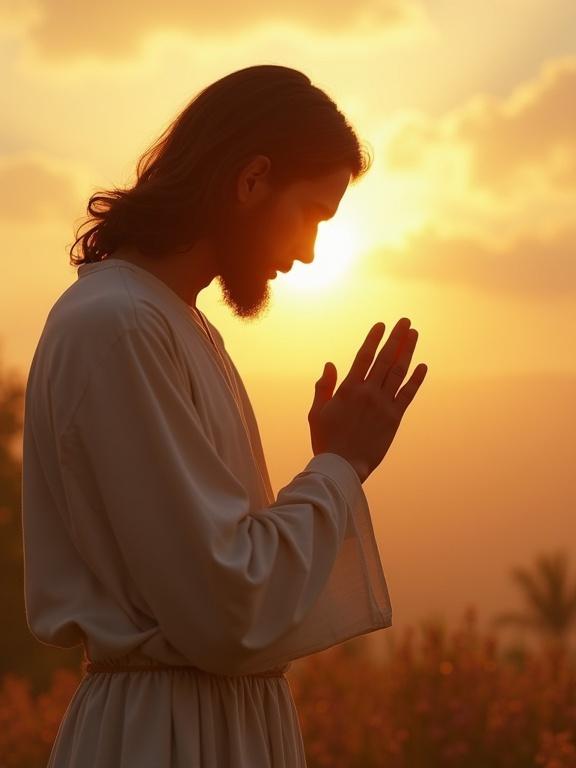 A serene and contemplative image of Jesus praying with clasped hands. Head slightly bowed in devotion. Soft warm light emanates from him. Ethereal landscape in the background with a sunrise or sunset-toned sky. Inspires peace and hope. Cinematic 35mm film style, realistic with natural light, highly detailed.