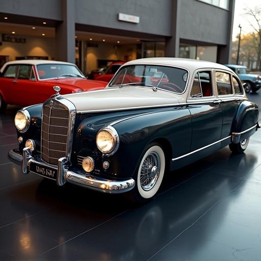 Image of a shiny and polished vintage car displayed in a modern showroom setting.