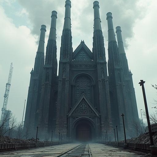 Massive cathedral resembling a stronghold for killing machines. Industrial apocalypse meets cyber-gothic style. Features smokestack spires emitting smoke. Outer walls look like dried blood. A large hydraulic door for cargo ships. A floating platform for a CEO giving sermons. Part of the building remains unfinished, with construction bots always working.